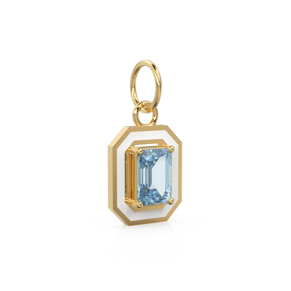 Blue Aquamarine Emerald Cut Enamel Solid Gold Charm / Blue Gemstone Gold Pendant / 14k Solid Gold March Birthstone Jewelry Making Finding