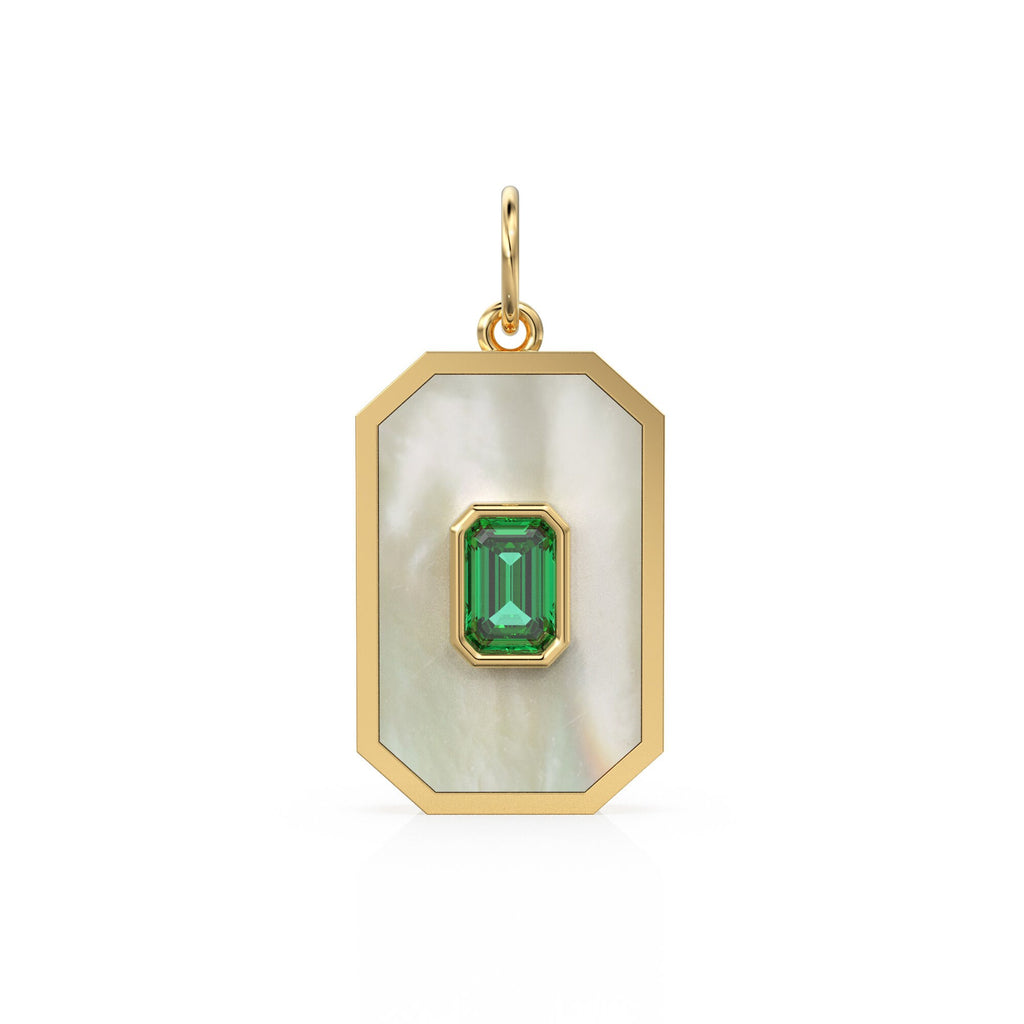 14K Solid Yellow Gold Emerald Mother of Pearl Charm, Australian Opal, Emerald, Mother of Pearl, Stunning Gemstone Charm Pendant Turquoise