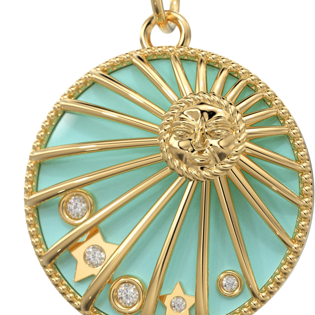 Turquoise Blue Enamel Day Night Sun Cosmic Love Pendant / Natural Diamond Handmade Gold Charm / 14k Solid Yellow Gold Jewelry For Necklace