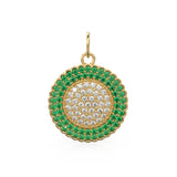 Green Emerald Pave Diamond Gold Pendant / Natural Diamond Handmade Gold Coin Charm / 14k Solid Yellow Gold Circle Handmade Hip Hop Necklace