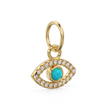 Load image into Gallery viewer, 10mmx12.5mm 14K Solid Yellow Gold Diamond Sleeping Beauty Turquoise Evil Eye Charm Necklace Pendant