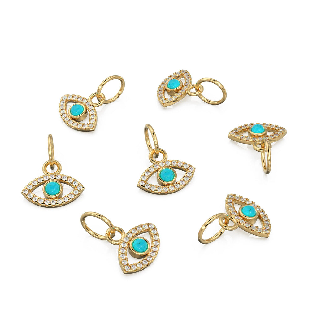 10mmx12.5mm 14K Solid Yellow Gold Diamond Sleeping Beauty Turquoise Evil Eye Charm Necklace Pendant