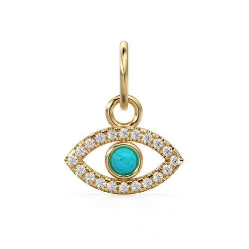 10mmx12.5mm 14K Solid Yellow Gold Diamond Sleeping Beauty Turquoise Evil Eye Charm Necklace Pendant - Jalvi & Co. 