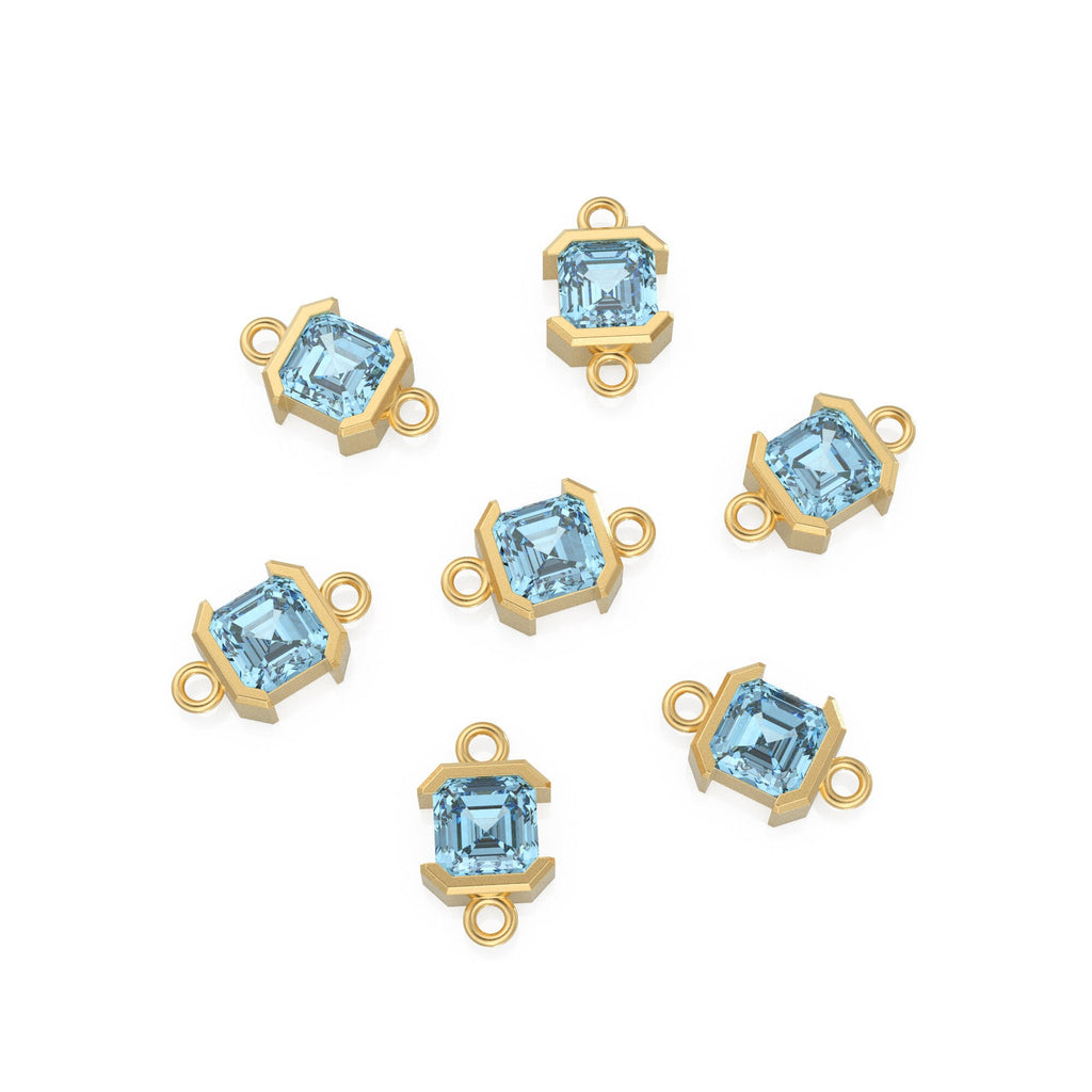 14k Solid Gold Aquamarine Emerald Square Cut Connector / Matte Finish Gemstone Station / March Birthstone Bezel Charm Bracelet Spacer