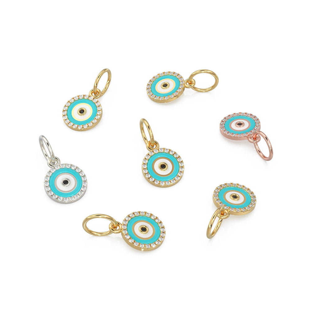 14k Gold Turquoise and White Diamond Evil Eye Pendant Charm / 14k White Diamond and Turquoise Round Evil Eye Charm / Lovely Protection