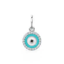 Load image into Gallery viewer, 14k Gold Turquoise and White Diamond Evil Eye Pendant Charm / 14k White Diamond and Turquoise Round Evil Eye Charm / Lovely Protection