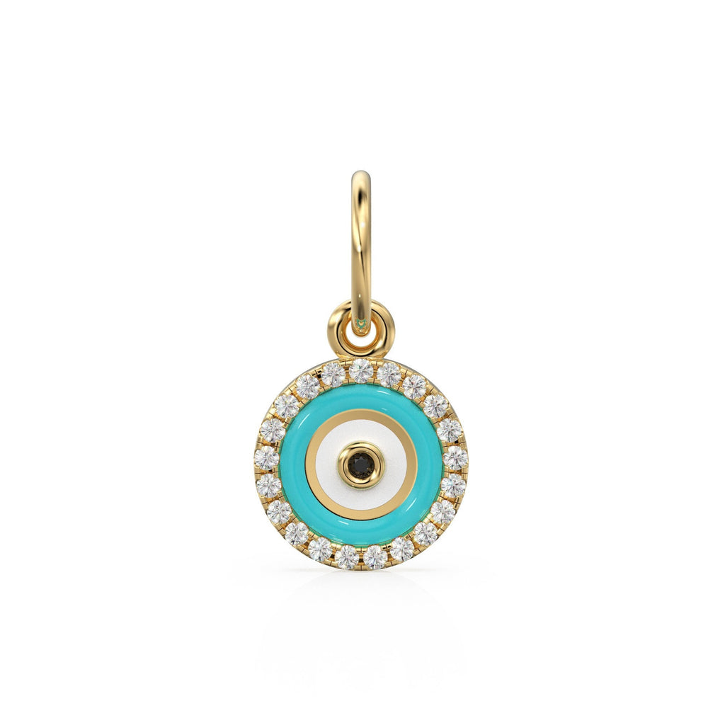 14k Gold Turquoise and White Diamond Evil Eye Pendant Charm / 14k White Diamond and Turquoise Round Evil Eye Charm / Lovely Protection