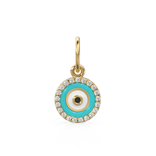14k Gold Turquoise and White Diamond Evil Eye Pendant Charm / 14k White Diamond and Turquoise Round Evil Eye Charm / Lovely Protection - Jalvi & Co. 