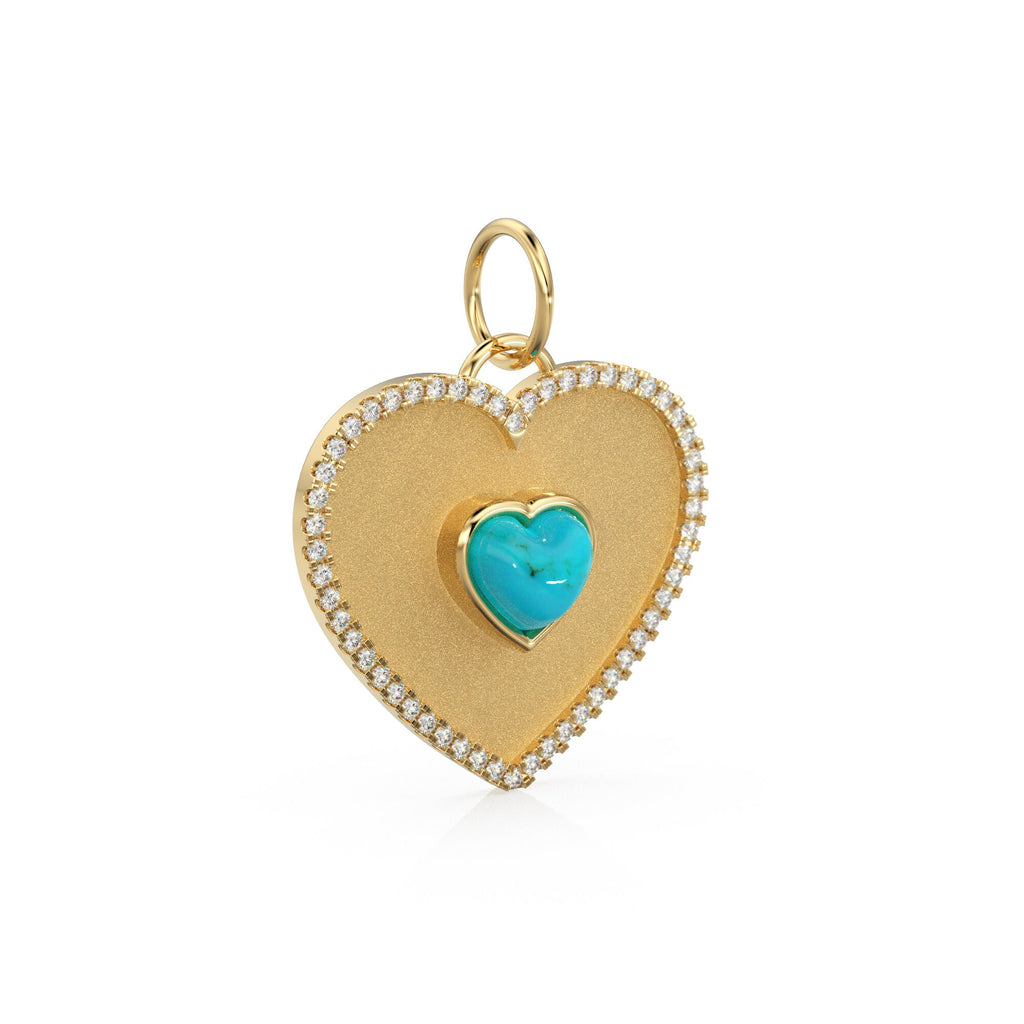 14K Solid Matte Gold Diamond Heart Charm, Pave Diamonds, Lapis Lazuli, Mother of Pearl, Turquoise, Yellow Gold Diamond Heart Pendant