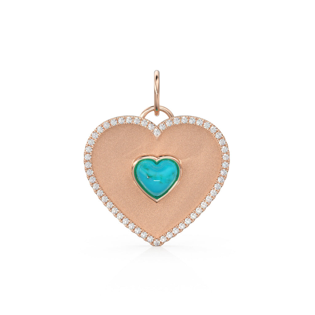 14K Solid Matte Gold Diamond Heart Charm, Pave Diamonds, Lapis Lazuli, Mother of Pearl, Turquoise, Yellow Gold Diamond Heart Pendant