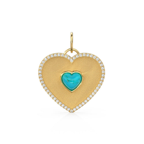 14K Solid Matte Gold Diamond Heart Charm, Pave Diamonds, Lapis Lazuli, Mother of Pearl, Turquoise, Yellow Gold Diamond Heart Pendant - Jalvi & Co. 
