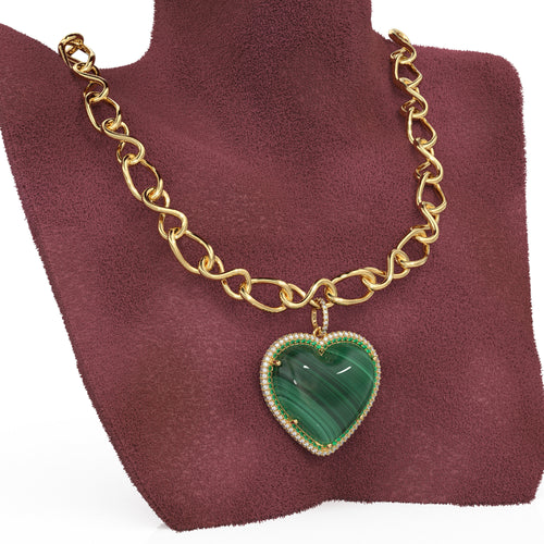14K Solid Gold, Diamonds, Emeralds, Malachite, Jumbo Heart Charm Pendant - Jalvi & Co. 