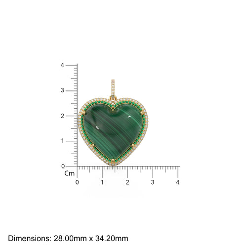 14K Solid Gold, Diamonds, Emeralds, Malachite, Jumbo Heart Charm Pendant - Jalvi & Co. 