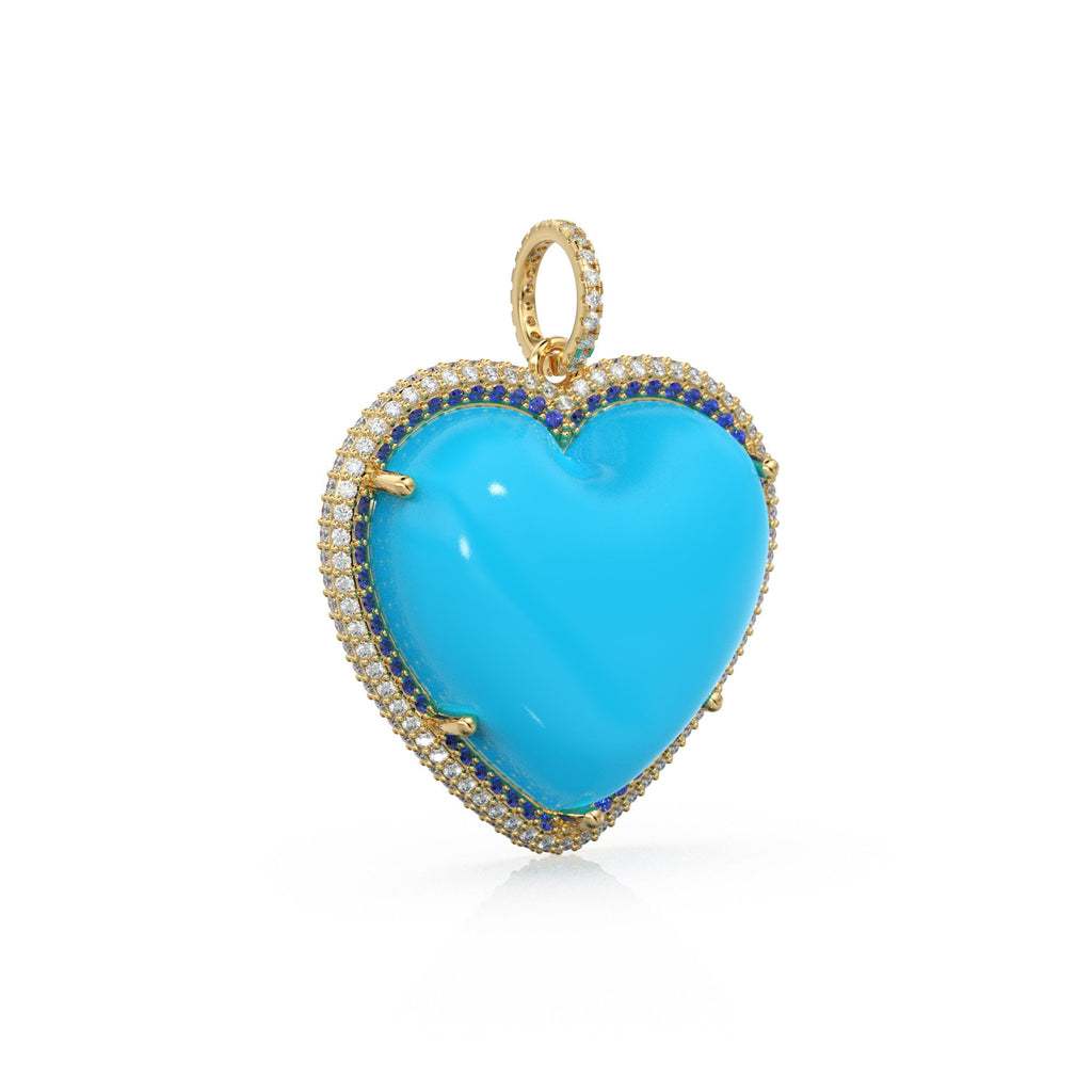 14K Solid Gold, Diamonds, Sapphires, Sleeping Beauty Turquoise, Jumbo Heart Charm Pendant