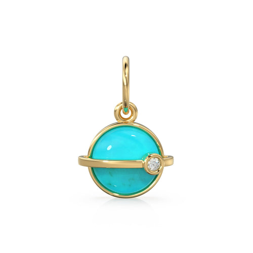 Saturn Turquoise Cabochon 14k Gold Charm / Sleeping Beauty Blue Gemstone Diamond Gold Pendant / 14k Solid Yellow Gold Jewelry Making Finding - Jalvi & Co. 