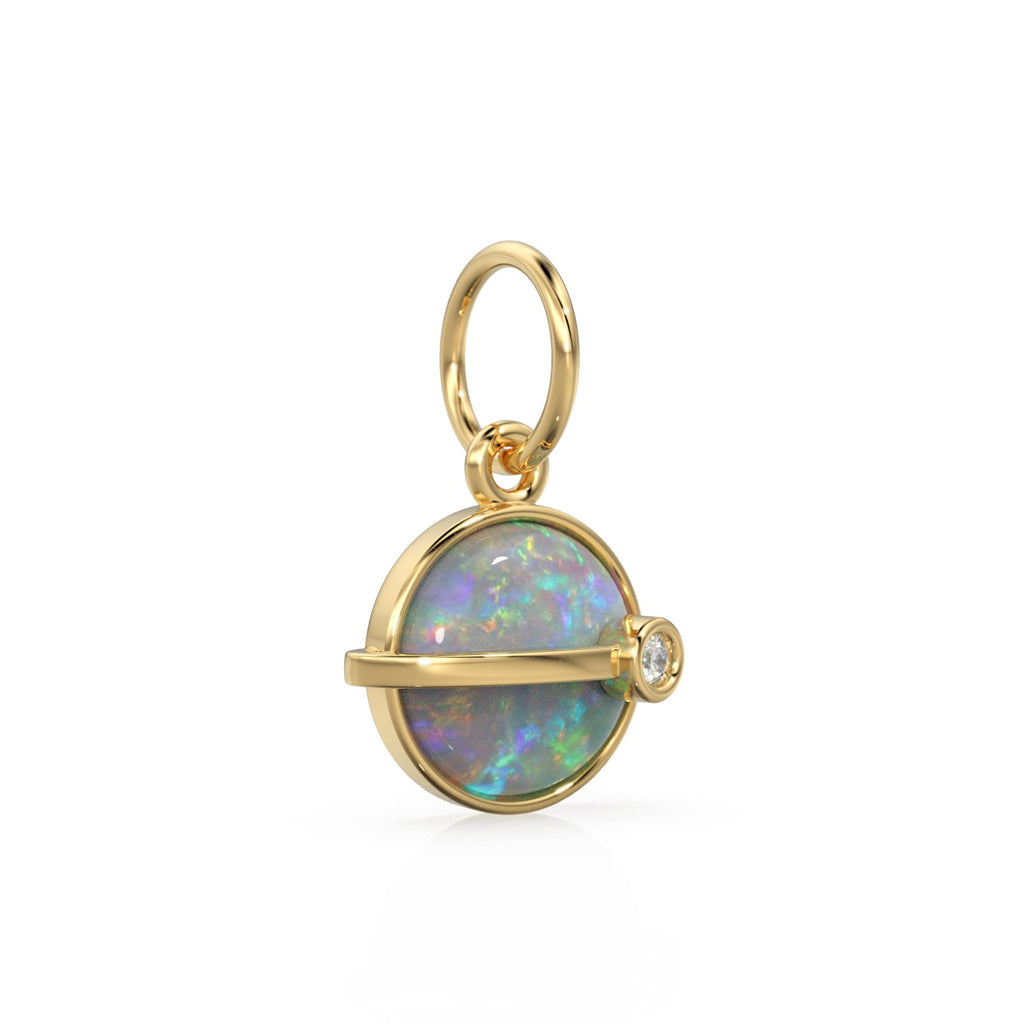 Saturn Australian Opal Cabochon 14k Gold Charm / Rainbow Fire Gemstone Diamond Gold Pendant / 14k Solid Yellow Gold Jewelry Making Finding