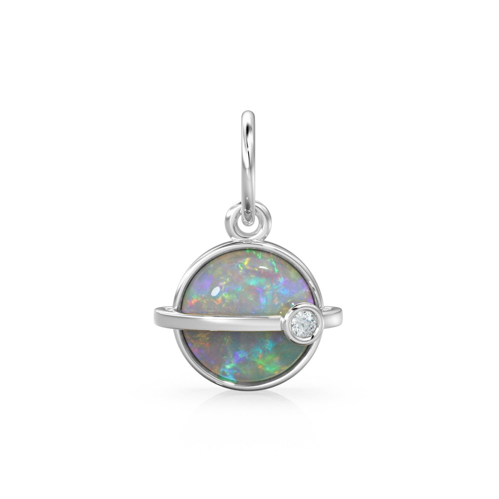 Saturn Australian Opal Cabochon 14k Gold Charm / Rainbow Fire Gemstone Diamond Gold Pendant / 14k Solid Yellow Gold Jewelry Making Finding