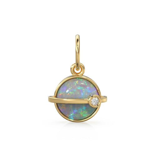 Saturn Australian Opal Cabochon 14k Gold Charm / Rainbow Fire Gemstone Diamond Gold Pendant / 14k Solid Yellow Gold Jewelry Making Finding - Jalvi & Co. 