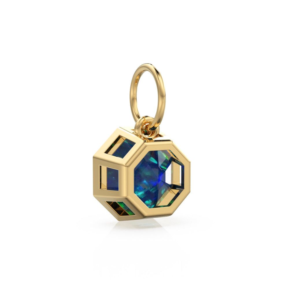 8mm 14k Octagon Black Australian Opal Yellow Solid Gold Charm Pendant Bezel Jewelry Finding Charm for Necklace - Jalvi & Co. 