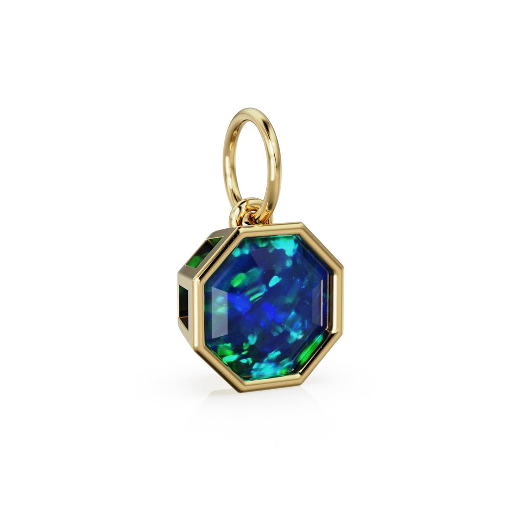 8mm 14k Octagon Black Australian Opal Yellow Solid Gold Charm Pendant Bezel Jewelry Finding Charm for Necklace - Jalvi & Co. 