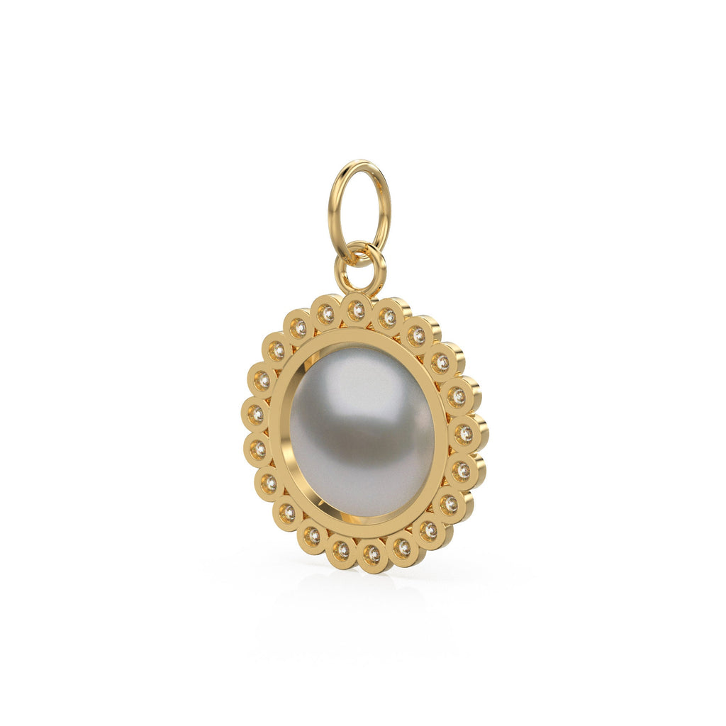 26mm 14K Solid Yellow Gold Diamond Mabe Pearl Round Coin Shape Charm Necklace Pendant