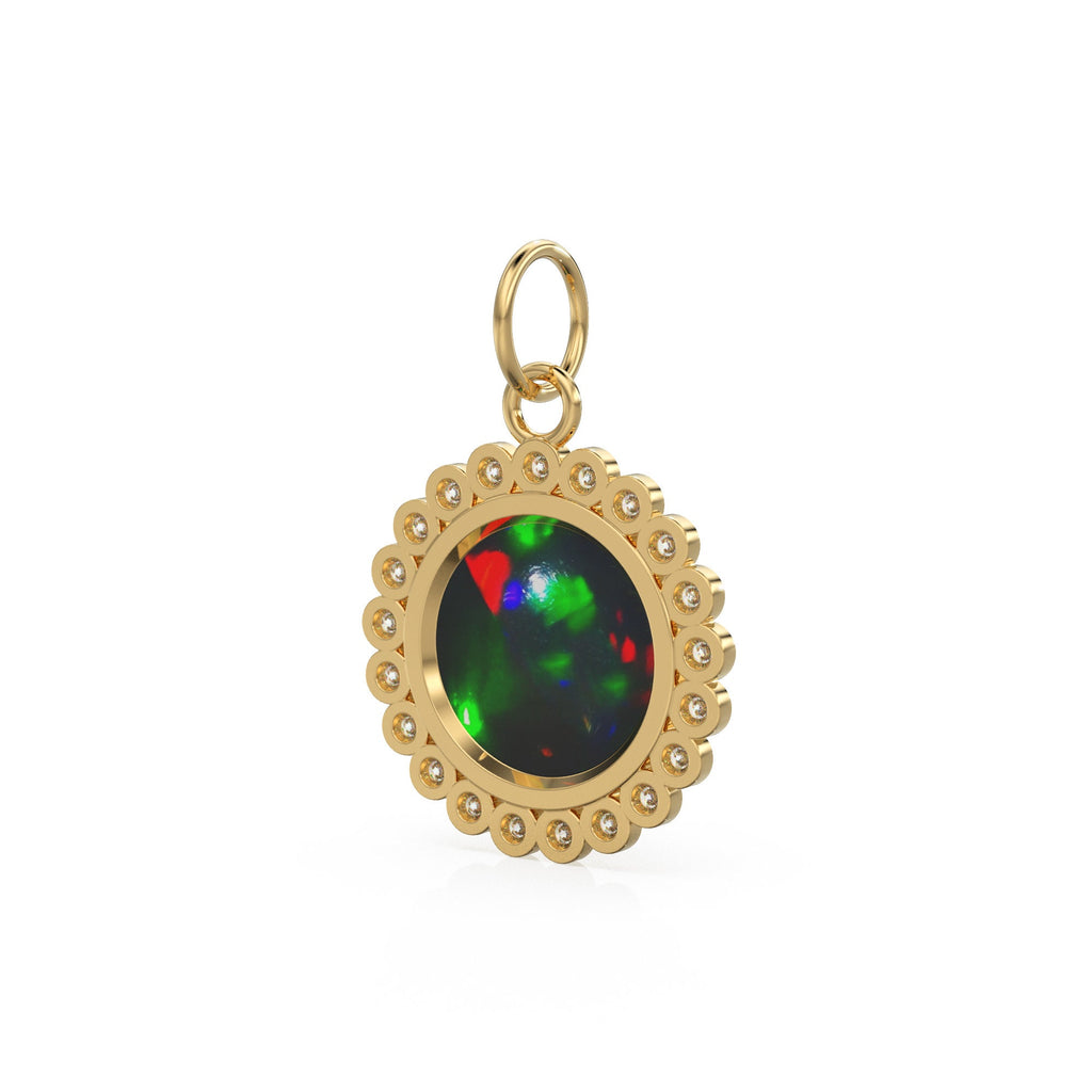 26mm 14K Solid Yellow Gold Diamond Black Opal Round Coin Shape Charm Necklace Pendant