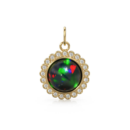 26mm 14K Solid Yellow Gold Diamond Black Opal Round Coin Shape Charm Necklace Pendant - Jalvi & Co. 