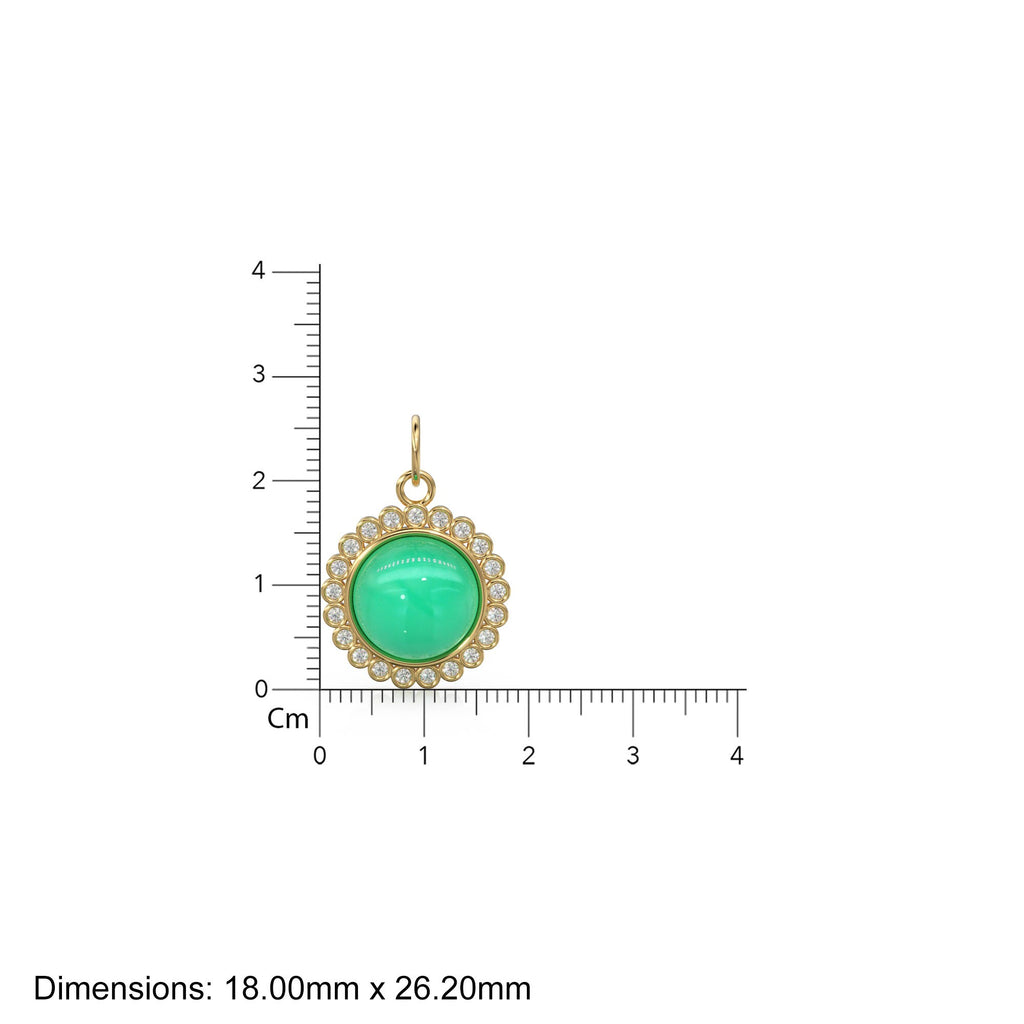 26mm 14K Solid Yellow Gold Diamond Apple Green Chrysoprase Round Coin Shape Charm Necklace Pendant