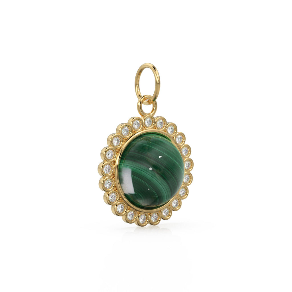 26mm 14K Solid Yellow Gold Diamond Green Malachite Round Coin Shape Charm Necklace Pendant