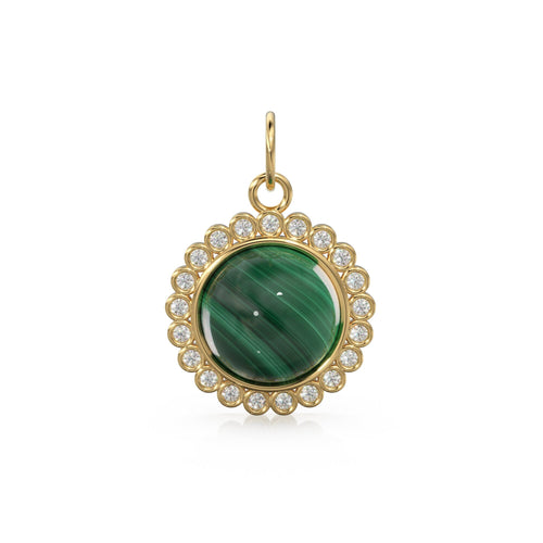26mm 14K Solid Yellow Gold Diamond Green Malachite Round Coin Shape Charm Necklace Pendant - Jalvi & Co. 