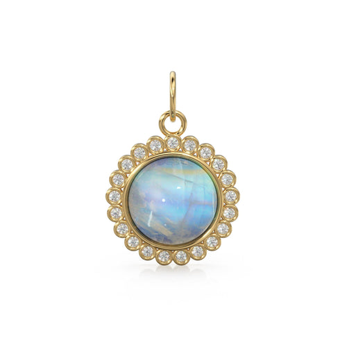 26mm 14K Solid Yellow Gold Diamond Rainbow Moonstone Round Coin Shape Charm Necklace Pendant - Jalvi & Co. 