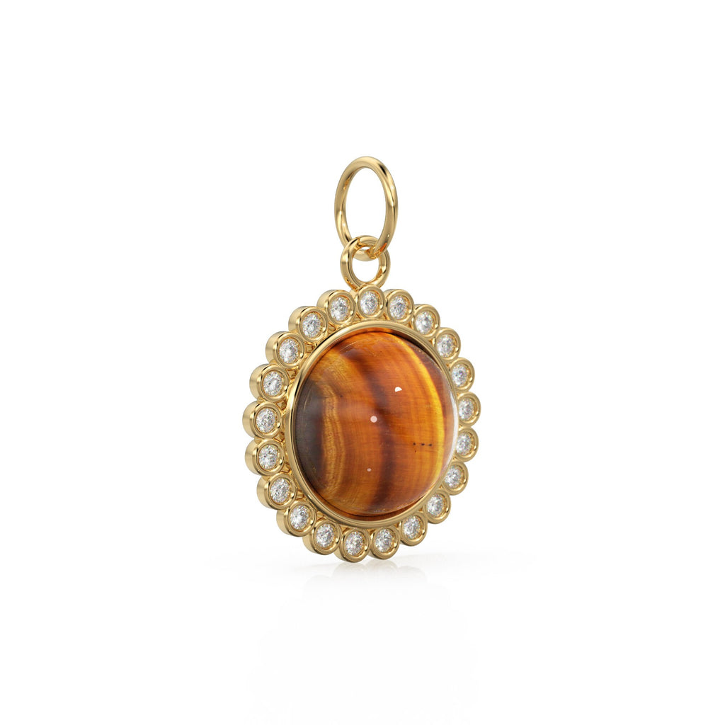 26mm 14K Solid Yellow Gold Diamond Tigers Eye Round Coin Shape Charm Necklace Pendant