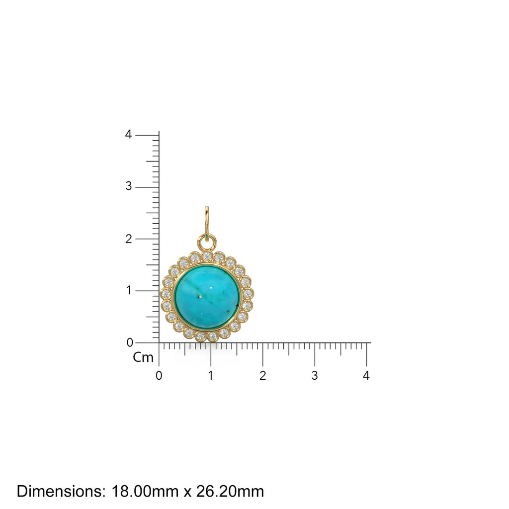 26mm 14K Solid Yellow Gold Diamond Sleeping Beauty Turquoise Round Coin Shape Charm Necklace Pendant