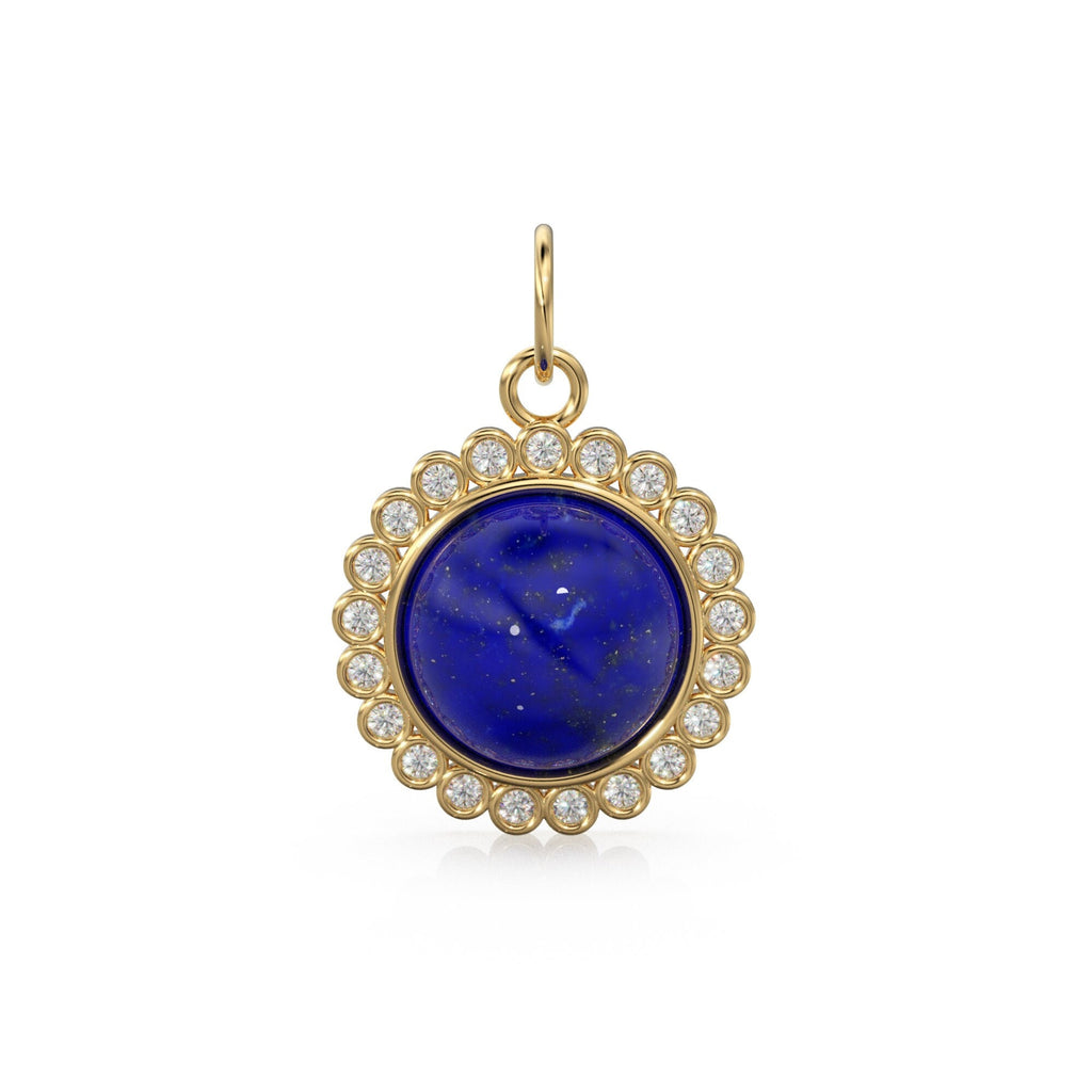 26mm 14K Solid Yellow Gold Diamond Blue Lapis Lazuli Round Coin Shape Charm Necklace Pendant - Jalvi & Co. 