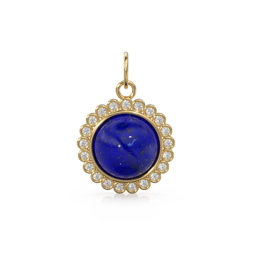 26mm 14K Solid Yellow Gold Diamond Blue Lapis Lazuli Round Coin Shape Charm Necklace Pendant - Jalvi & Co. 