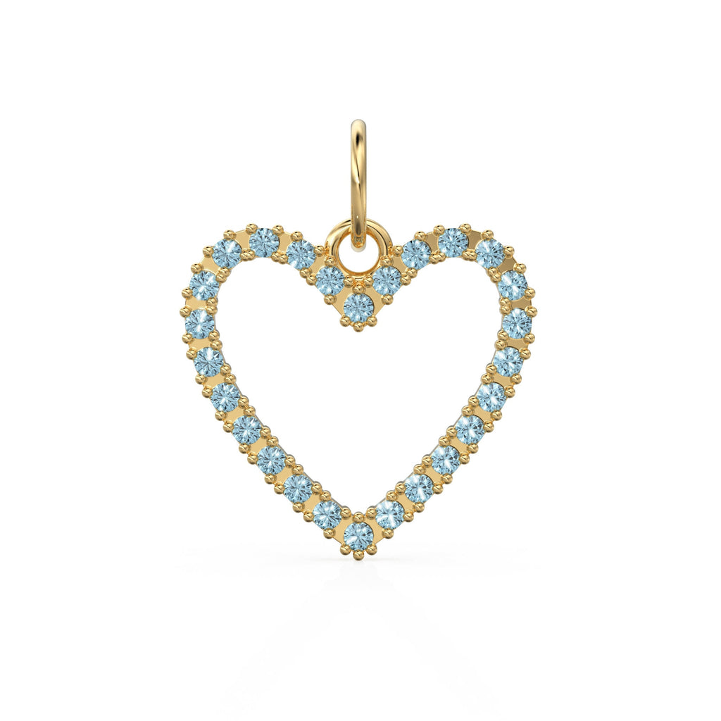 22.6mm 14K solid Yellow Gold Blue Aquamarine Large LOVE Heart Charm Necklace Pendant