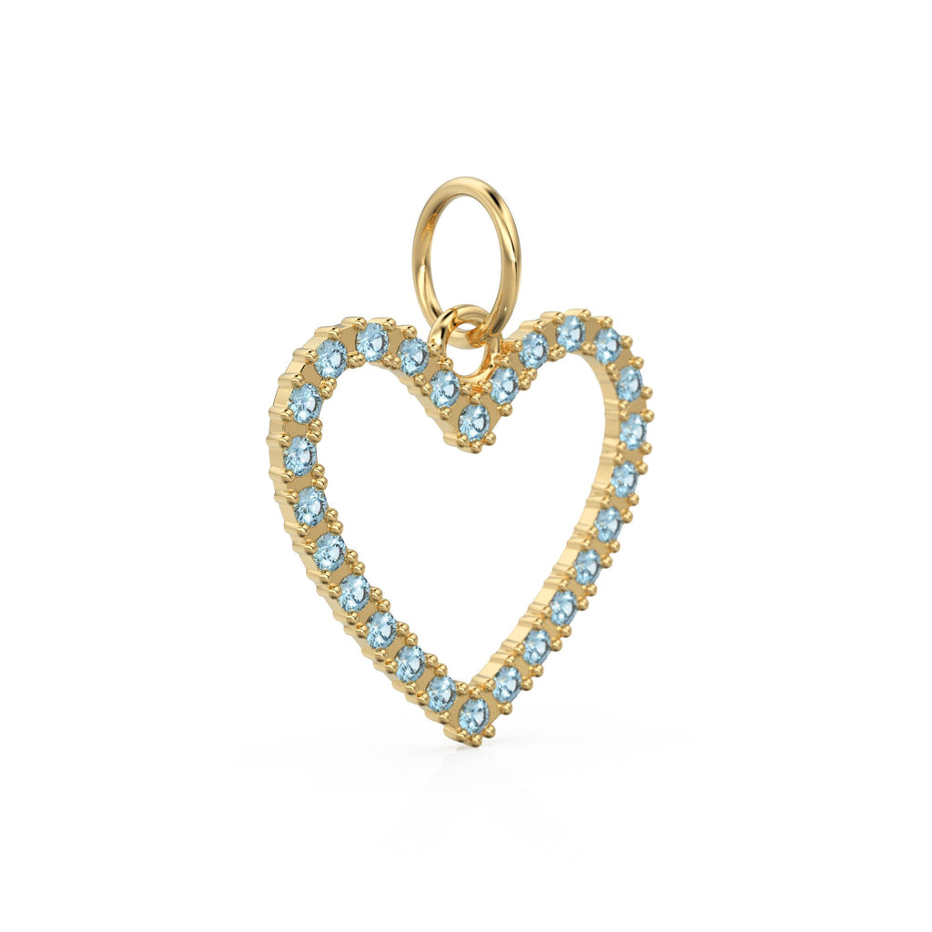 22.6mm 14K solid Yellow Gold Blue Aquamarine Large LOVE Heart Charm Necklace Pendant