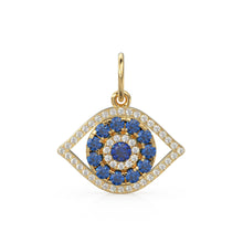 Load image into Gallery viewer, 14x17mm Blue Sapphire Diamond 14k 18k Solid Gold Charm Pendant, Evil Eye Charm, Gold Charm Finding, Egyptian Solid Gold Pendant Video