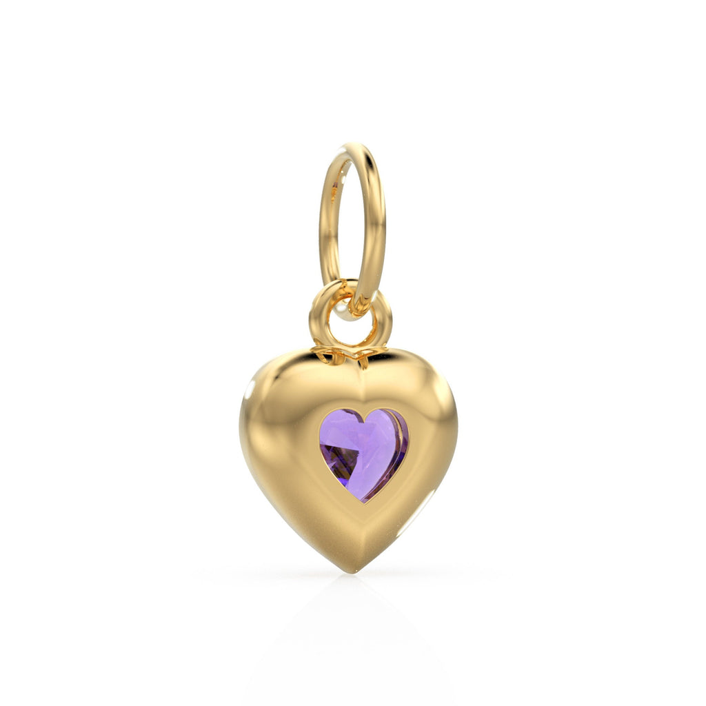 2 Sided Amethyst Puff Heart Solid Gold Charm / Natural Purple Gemstone Handmade Gold Pendant / 14k Solid Yellow Gold Jewelry Making Finding