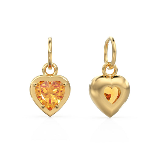 2 Sided Citrine Puff Heart Solid Gold Charm / Natural Yellow Gemstone Handmade Gold Pendant / 14k Solid Yellow Gold Jewelry Making Finding - Jalvi & Co. 