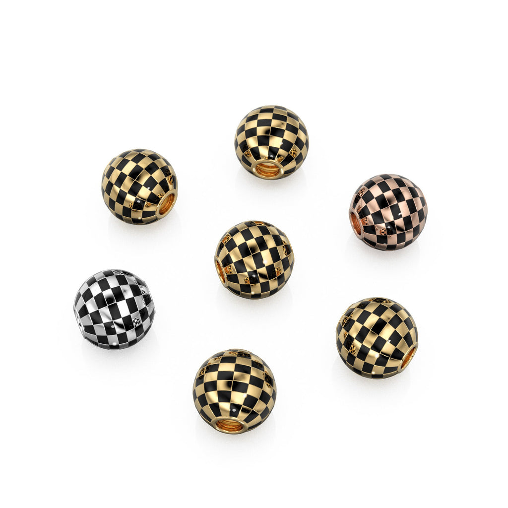 10mm 18k Solid Yellow Gold Round Ball Checkerboard Enamel Spacer Findings Beads (1 piece)