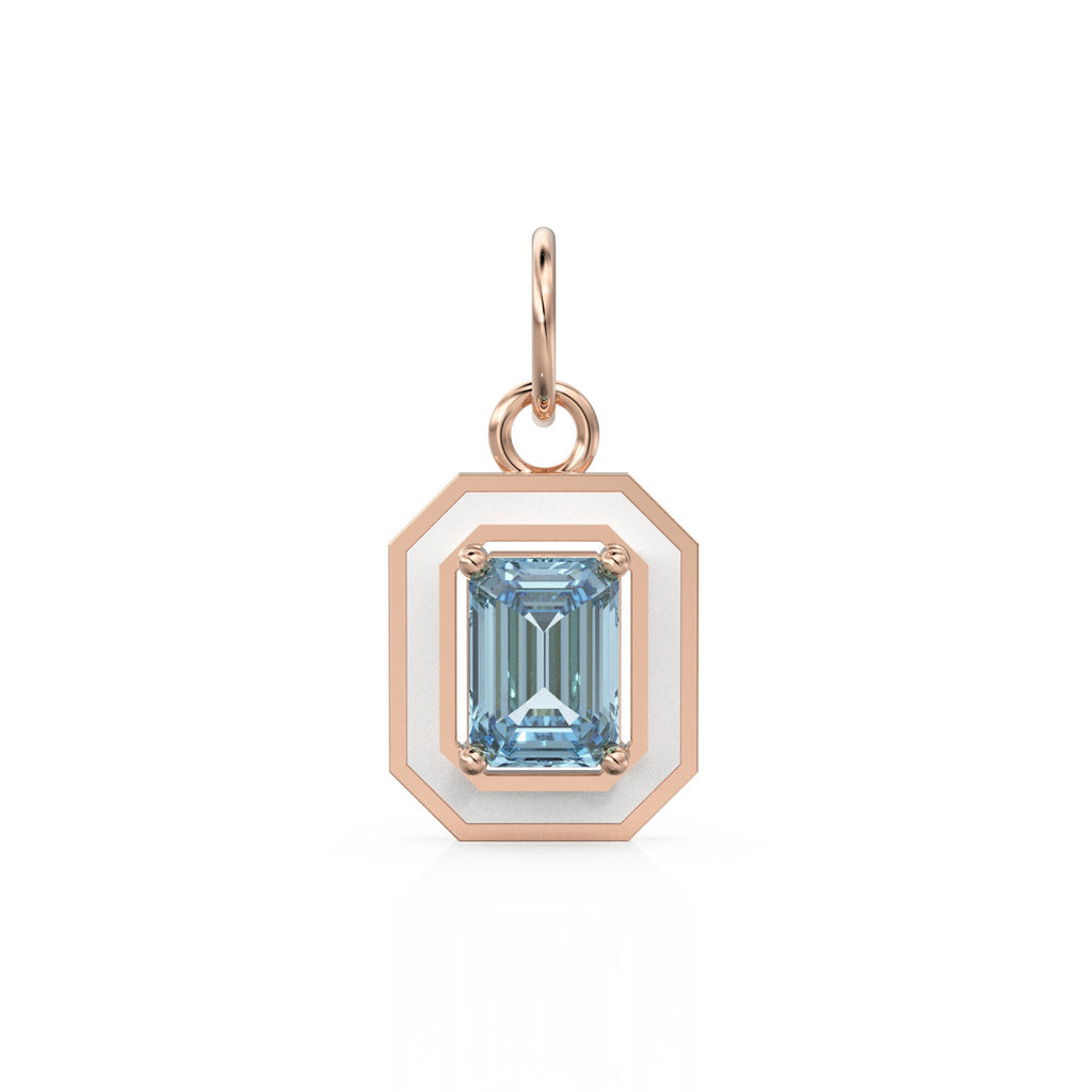 Blue Aquamarine Emerald Cut Enamel Solid Gold Charm / Blue Gemstone Gold Pendant / 14k Solid Gold March Birthstone Jewelry Making Finding