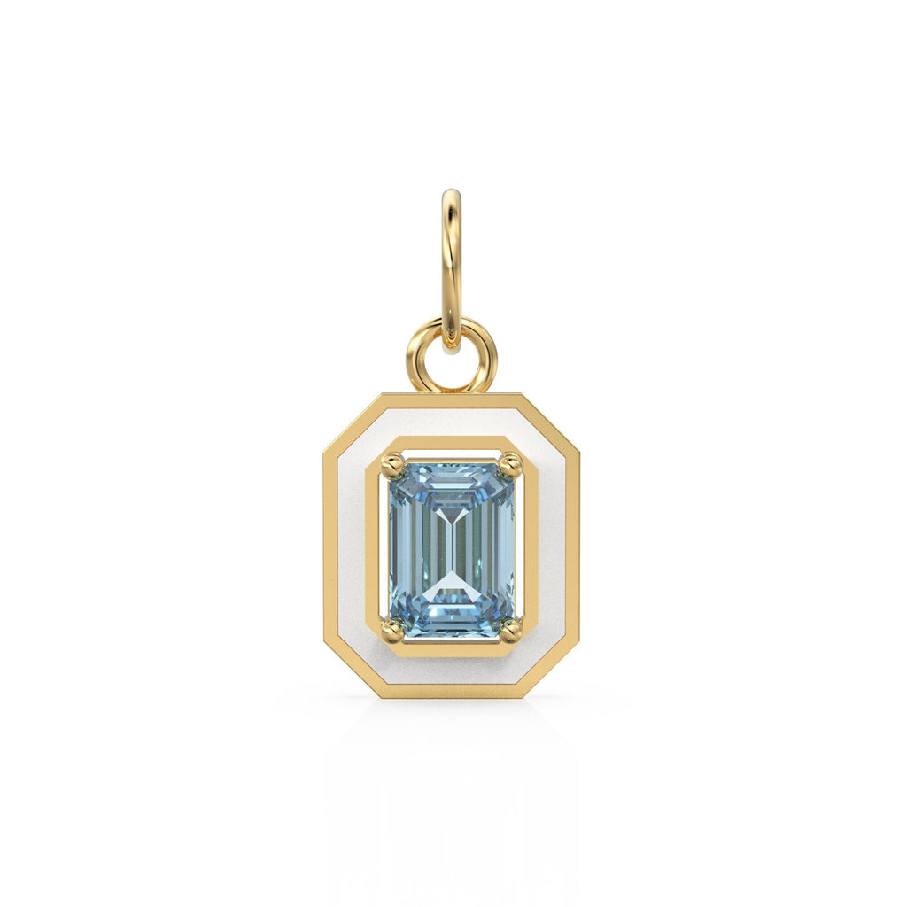 Blue Aquamarine Emerald Cut Enamel Solid Gold Charm / Blue Gemstone Gold Pendant / 14k Solid Gold March Birthstone Jewelry Making Finding