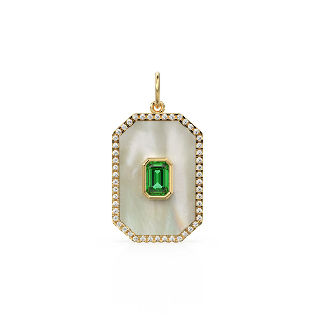 14K Solid Yellow Gold Emerald and Mother of Pearl Diamond Charm, Diamonds, Emerald, Mother of Pearl, Stunning Diamond Charm Pendant