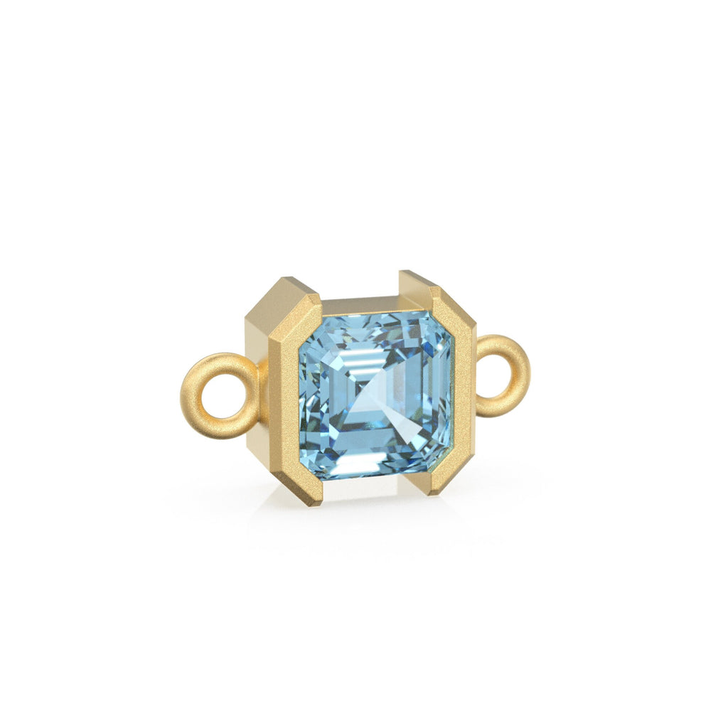 14k Solid Gold Aquamarine Emerald Square Cut Connector / Matte Finish Gemstone Station / March Birthstone Bezel Charm Bracelet Spacer