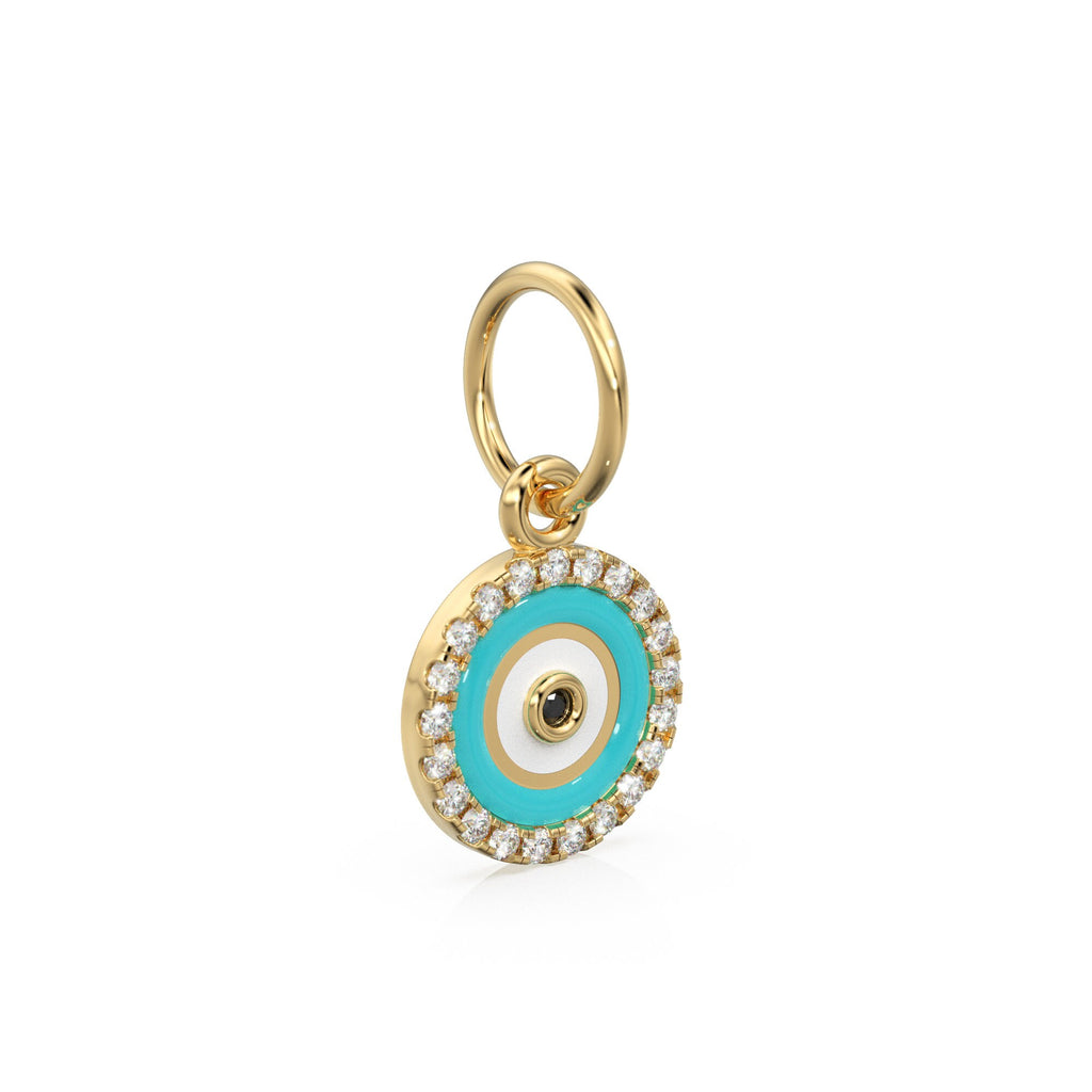 14k Gold Turquoise and White Diamond Evil Eye Pendant Charm / 14k White Diamond and Turquoise Round Evil Eye Charm / Lovely Protection