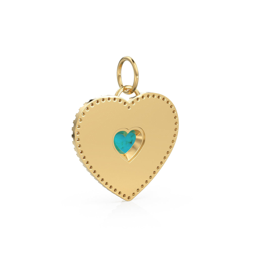 14K Solid Matte Gold Diamond Heart Charm, Pave Diamonds, Lapis Lazuli, Mother of Pearl, Turquoise, Yellow Gold Diamond Heart Pendant