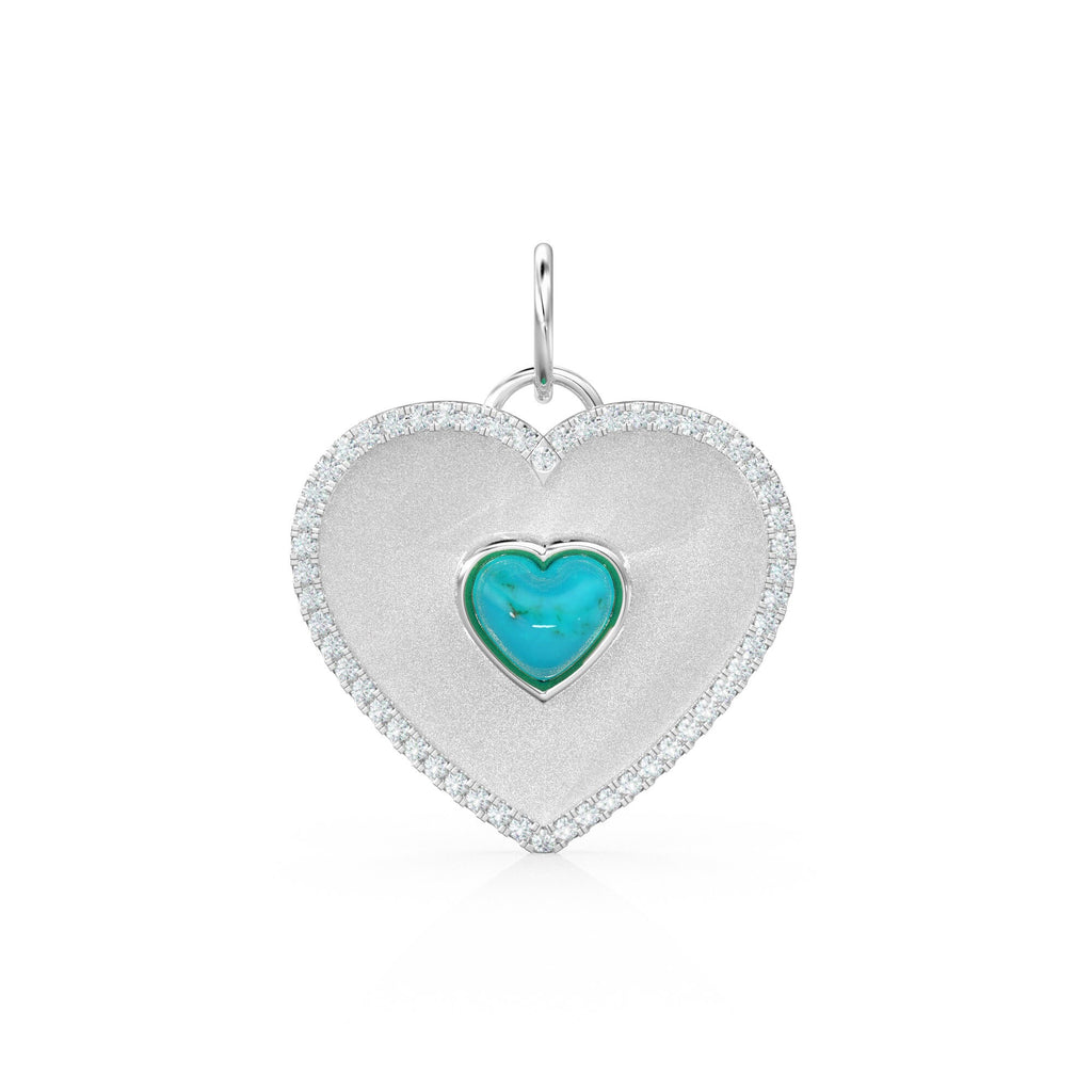 14K Solid Matte Gold Diamond Heart Charm, Pave Diamonds, Lapis Lazuli, Mother of Pearl, Turquoise, Yellow Gold Diamond Heart Pendant