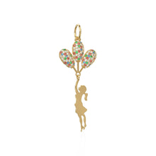 Load image into Gallery viewer, 14k Solid Gold Girl Holding Flying Balloons Necklace / Gold Flying Girl Four Colorful Balloons Necklace / Diamond Ruby Emerald Sapphire