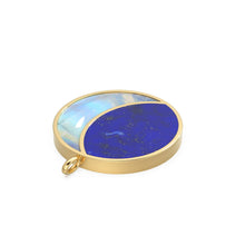 Load image into Gallery viewer, HUGE 14k Solid Yellow Gold, Lapis Lazuli Moonstone, Natural Moonstone Pendant, Crescent Moon Night Sky carved , Cabochon, Big Half Moon